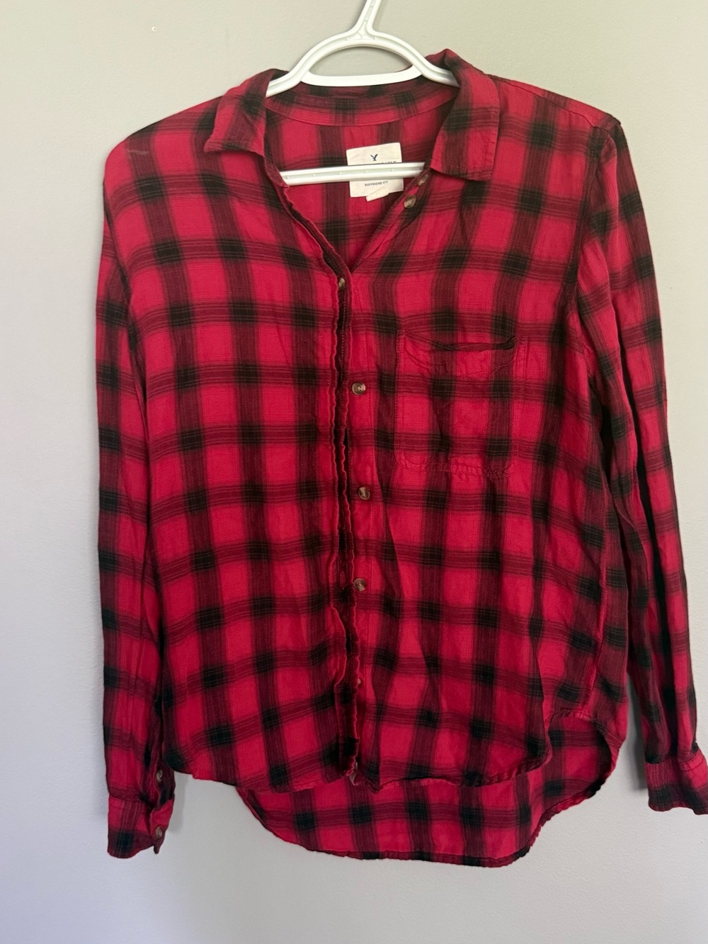 American Eagle Outfitters Red and Black Plaid Button-Down Shirt